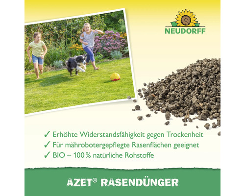 Neudorff Azet Rasendünger mit erhöhtem Widerstand gegen Trockenheit, geeignet für Rasenflächen mit Mähroboter und aus 100 Prozent natürlichen Rohstoffen.