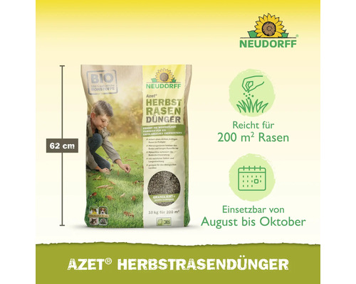 Neudorff Azet Herbstrasendünger Packung mit Informationen zu Anwendungsbereich, Inhaltsstoffen und Größe