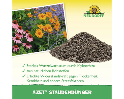 Neudorff Azet Staudendünger mit Informationen zur Anwendung und den Vorteilen für starkes Wurzelwachstum
