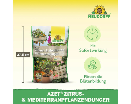 Verpackung Azet Zitrus und Mediterran Pflanzendünger, 27,5 cm hoch, mit Hinweisen zu Sofortwirkung und Blütenbildung, Neudorff Logo