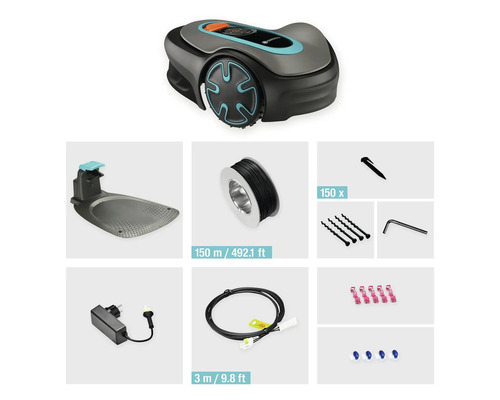 Gardena Mähroboter mit Ladestation, Begrenzungskabel, Heringen, Kabelverbindern, Anschlussklemmen, Schrauben und Inbusschlüssel