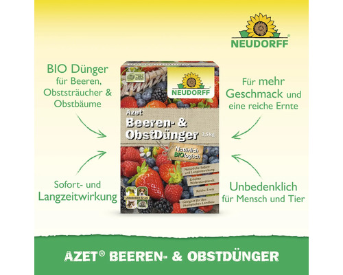 Packung Neudorff Azet Beeren- und Obstdünger mit Hinweisen zu Inhaltsstoffen und Anwendungsbereichen.