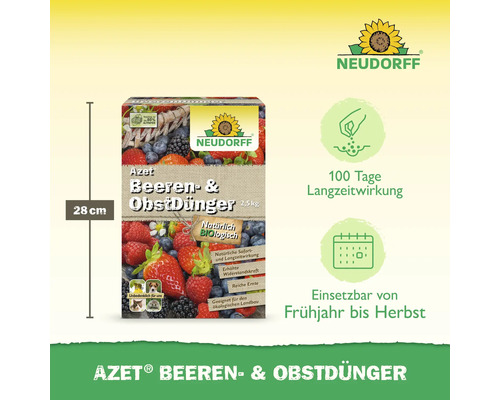 Azet Beeren- und Obstdünger Packung mit 2,5 Kilogramm Inhalt und einer Höhe von 28 Zentimetern. Neudorff Logo.