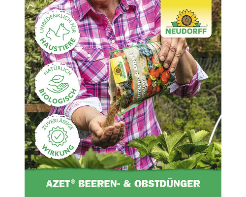 Eine Person düngt Beeren und Obst mit Azet Beeren- und Obstdünger von Neudorff. Das Produkt ist unbedenklich für Haustiere, natürlich und biologisch, und bietet eine zuverlässige Wirkung. Neudorff Logo.