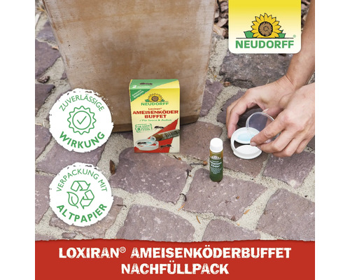 Loxiran Ameisenköderbuffet Nachfüllpackung, zur Anwendung durch eine Person vorbereitet, Neudorff Logo, Siegel für zuverlässige Wirkung und Verpackung mit Altpapier