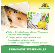 Neudorff Logo. Wespenfalle mit Wespen in der Nähe eines Nestes und Zubereitung der Falle.