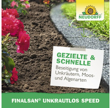 Finalsan Unkrautlos Speed Produktanwendung im Garten mit Neudorff Logo