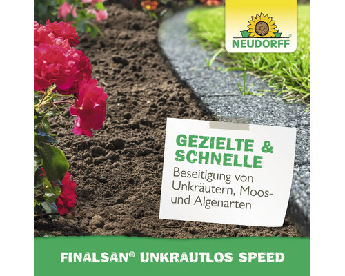 Finalsan Unkrautlos Speed Produktanwendung im Garten mit Neudorff Logo
