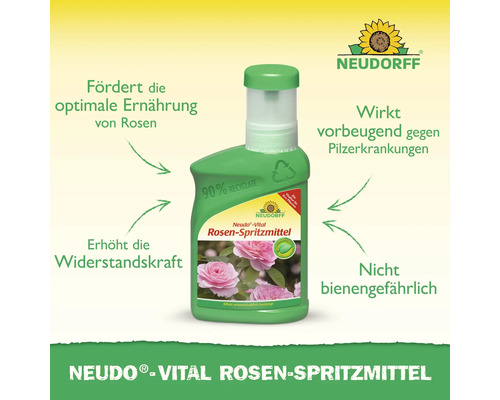Neudorff Neudo-Vital Rosen-Spritzmittel zur optimalen Ernährung von Rosen, zur Erhöhung der Widerstandskraft und zur Vorbeugung gegen Pilzerkrankungen. Nicht bienengefährlich. Verpackung zu 90 Prozent recycelbar. Neudorff Logo.