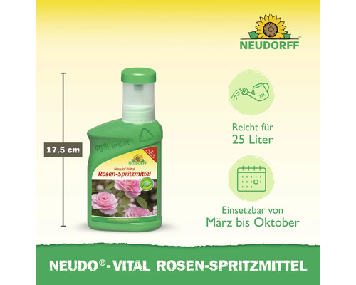 Neudorff Neudo-Vital Rosen-Spritzmittel Flasche mit einer Höhe von 17,5 cm, geeignet für 25 Liter Spritzmittel, anwendbar von März bis Oktober. Enthält ein Recyclingsymbol und das Neudorff Logo.