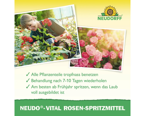 Anwendungshinweise und Abbildungen des Neudorff Neudo-Vital Rosenspritzmittels.