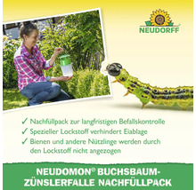 Neudorff Logo. Nachfüllpackung für Buchsbaumzünslerfalle mit Anwendungsbeispiel im Garten und Raupe.