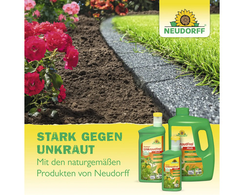 Neudorff weed control products in garden setting with lawn and flowerbed.