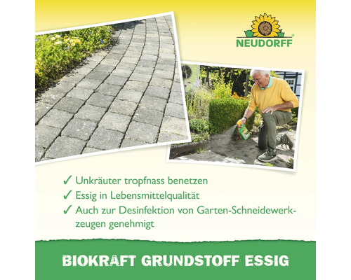 Anwendungsbeispiele für Neudorff BioKraft Grundstoff Essig zur Unkrautbekämpfung und Desinfektion von Gartengeräten
