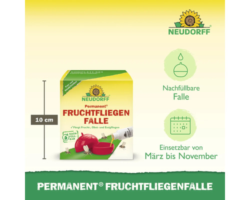 Neudorff Permanent Fruchtfliegenfalle, 10 cm hoch, zur Bekämpfung von Frucht-, Obst- und Essigfliegen, nachfüllbar, einsetzbar von März bis November