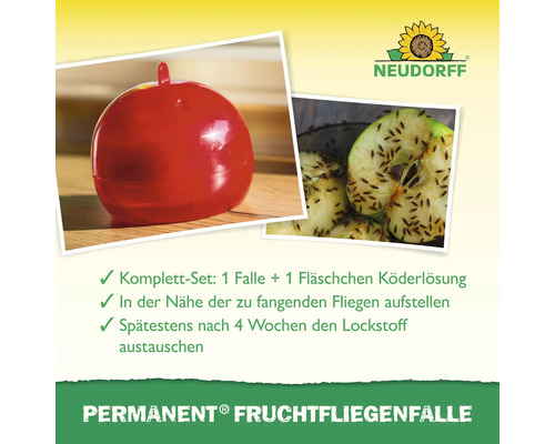 Neudorff Logo. Abbildung einer Fruchtfliegenfalle in Apfelform mit Köderlösung und gefangenen Fruchtfliegen.