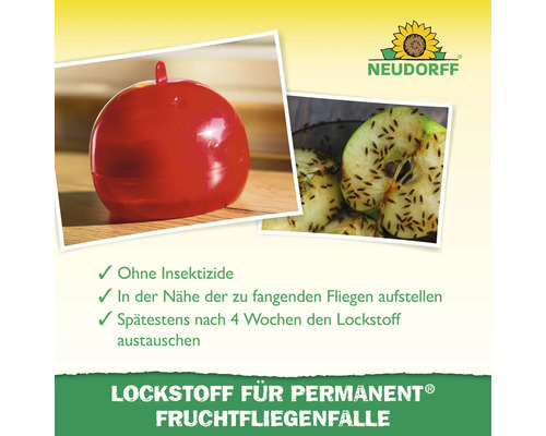 Neudorff Logo. Permanent Lockstoff für Fruchtfliegenfalle und Foto einer Fruchtfliegenfalle in Apfelform sowie einer angeschnittenen Apfelhälfte mit Fruchtfliegen.