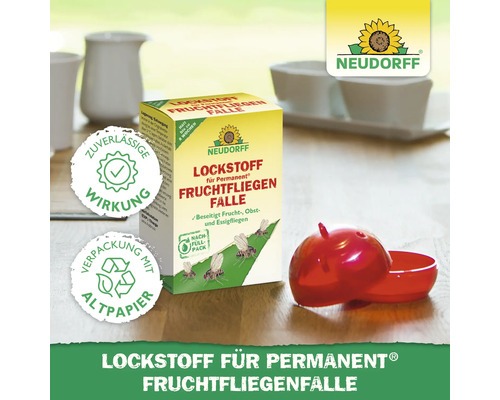Neudorff Lockstoff für Permanent Fruchtfliegenfalle und eine Fruchtfliegenfalle in Apfelform