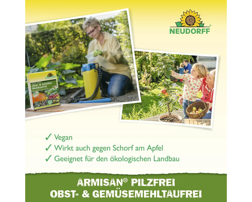 Neudorff Armisan PilzFrei Obst- und Gemüse-MehltauFrei Produktabbildung mit Anwendungsbeispielen
