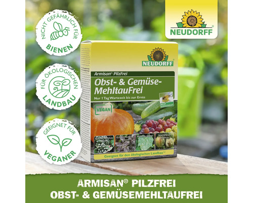 Armisan PilzFrei Obst- und Gemüseschutzmittel gegen Mehltau von Neudorff, geeignet für den ökologischen Landbau und ungefährlich für Bienen. Vegan.