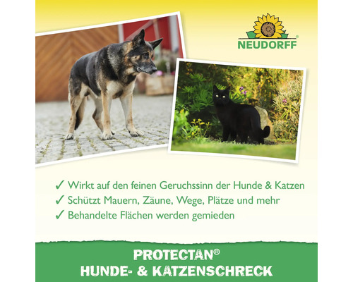 Protectan Hunde und Katzenschreck Produktbild mit Hund und Katze sowie Neudorff Logo