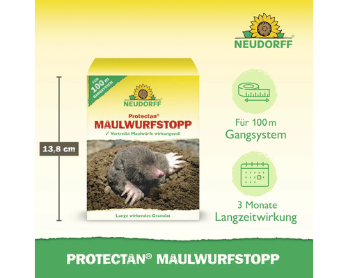 Protectan Maulwurfstopp Packung mit Maulwurf Abbildung und Größenangabe 13,8 cm