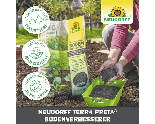 Neudorff Terra Preta Bodenverbesserer Sack mit Hinweisen zur Anwendung und Logos: Unbedenklich für Haustiere, Bio, Natürlich Biologisch, Verpackung mit Altplastik und Neudorff Logo.