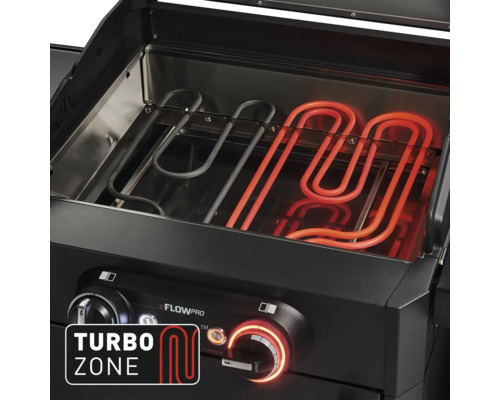 Detailansicht des Gasgrills mit eingeschalteten Heizelementen im Garraum