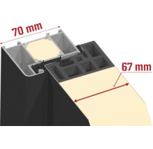 Querschnitt eines Fensterrahmens mit Maßangaben 70 Millimeter und 67 Millimeter