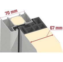 Detailansicht eines Fensterprofils mit Maßangaben 70 mm und 67 mm.