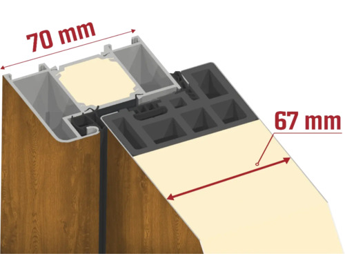 Detailansicht eines Fensterprofils mit Maßangaben von 70 Millimeter und 67 Millimeter