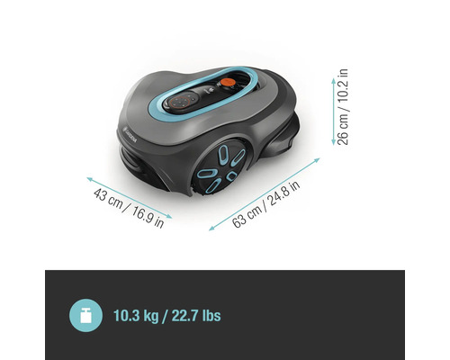 Gardena Mähroboter mit Abmessungen und Gewicht