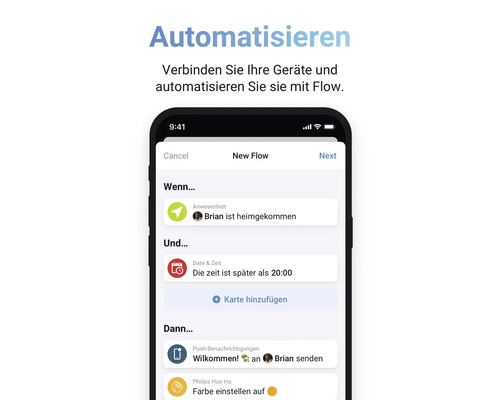 Smartphone-Bildschirm mit Flow-Automatisierungsoptionen zur Geräteverbindung