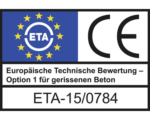 Europäische Technische Bewertung für gerissenen Beton mit CE Kennzeichnung und ETA-15/0784
