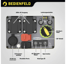Bedienfeld eines Stromgenerators mit 220V AC Ausgang, Leistungsschalter, EZ Start Wahl, CO2 Shield, Erdungsanschluss, parallele Ports, AC Überlast Reset, Sparmodus, Anzeige für niedriges Öl und 12V DC 8A Automobil Anschluss