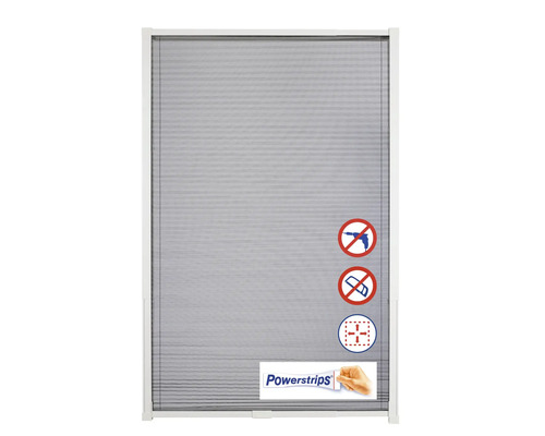 Plissee-Insektenschutzgitter mit Symbolen für Montage ohne Bohren und Sägen sowie Powerstrips Logo