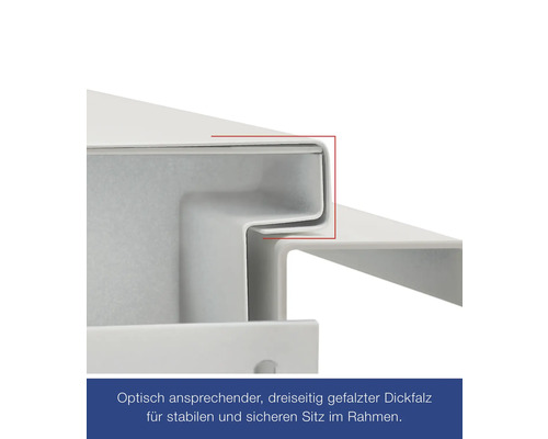 Detailansicht eines Metallrahmens mit dreiseitiger Dickfalz