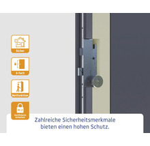 Türschloss mit Sicherheitsmerkmalen: Sicher, 3-fach Verriegelung, Notfunktion und RC 2 zertifizierte Sicherheit.