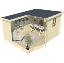 Holzgartenhaus mit Schreibtisch, Stuhl, Bücherregal und Sessel eingerichtet