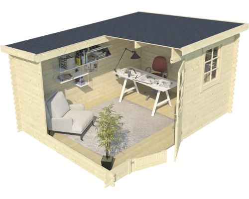 Holzgartenhaus mit Schreibtisch, Stuhl, Bücherregal und Sessel eingerichtet