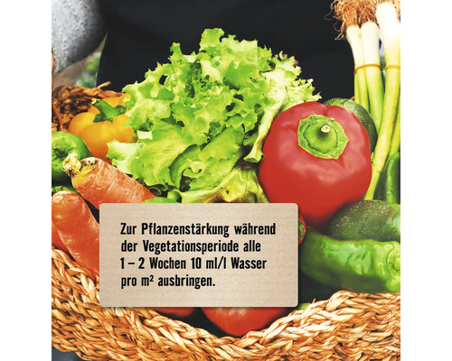 Korb mit Gemüse und Hinweisschild zur Pflanzenstärkung während der Vegetationsperiode