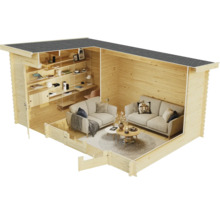 Schnittansicht eines Holzgartenhauses mit zwei Sofas, Regalen und Schreibtisch