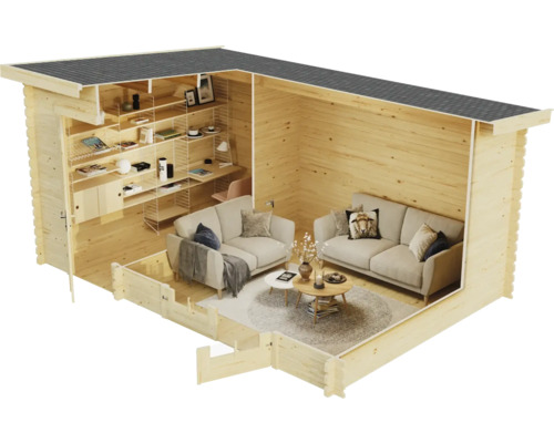 Schnittansicht eines Holzgartenhauses mit zwei Sofas, Regalen und Schreibtisch