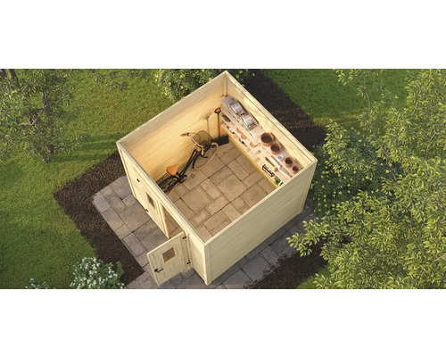 Gartenhaus mit Fahrrad, Regalen und Gartengeräten von oben