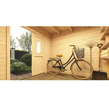 Innenraum eines Gartenhauses mit Fahrrad, Gartengeräten und Blick in den Garten