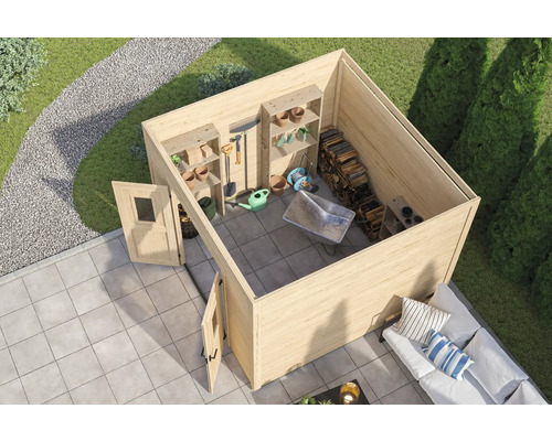 Abbildung eines Gartenhauses mit Regalen und Gartengeräten