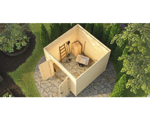 Gartenhaus mit Gartengeräten und Zubehör im gepflegten Garten