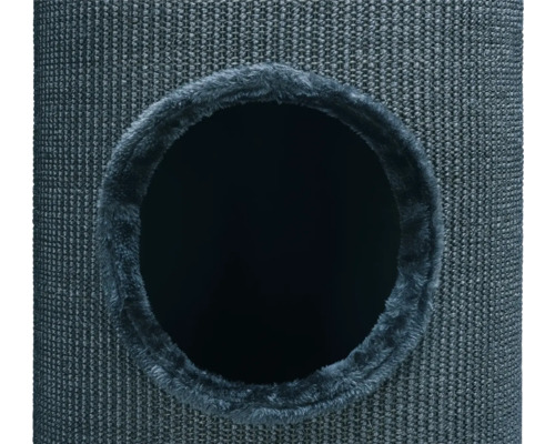 Detailansicht eines Kratzbaum-Eingangs mit Sisal-Ummantelung und Stoffrand