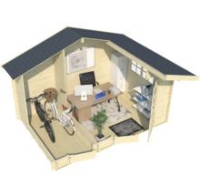 Holzgartenhaus mit Fahrrädern, Schreibtisch und Büroeinrichtung.