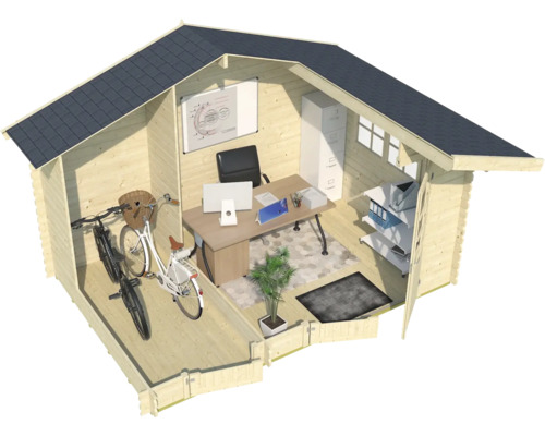 Holzgartenhaus mit Fahrrädern, Schreibtisch und Büroeinrichtung.